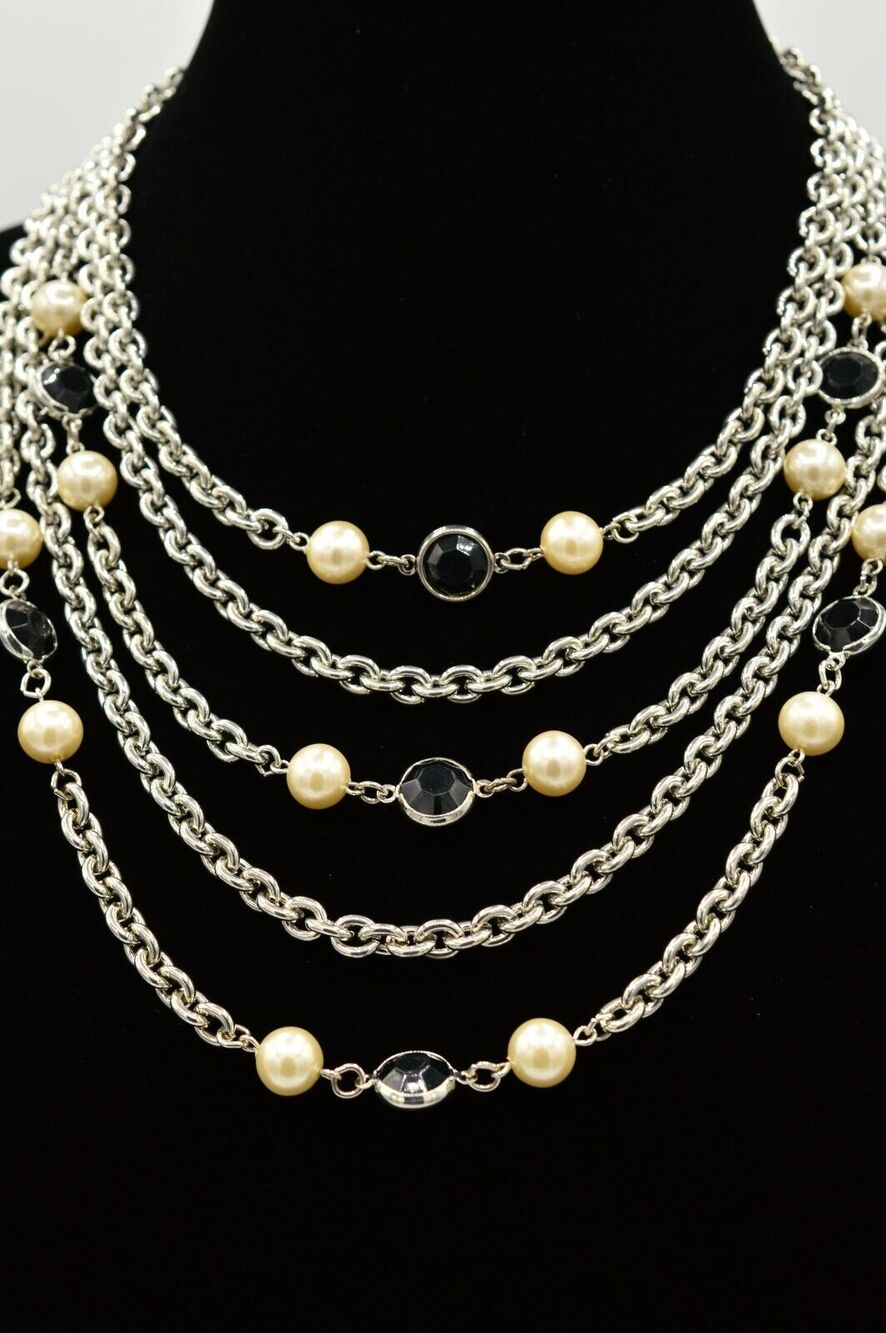 Vintage Collar Necklace Heavy Multi-Chain Pearl Black Open Bezel Chunky 80s BinI